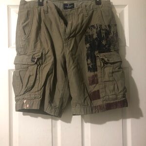 American Eagle Outfitters Olive Cargo Shorts with Graphic Accents